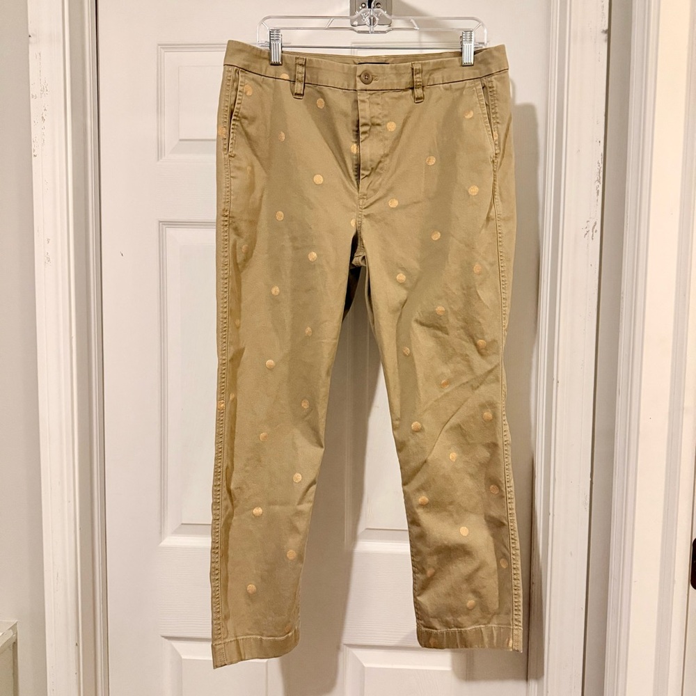 J.Crew high-rise slim boyfriend chino pant with gold polka dots